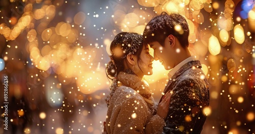 Couple Embracing in Snowy Night