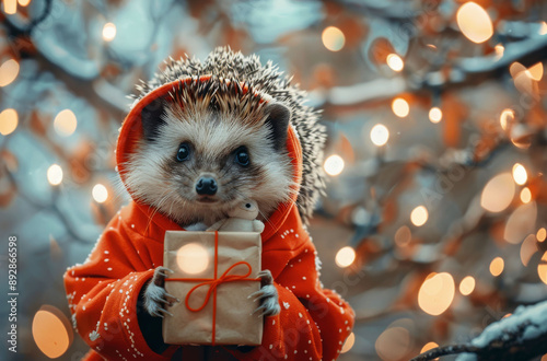 Hedgehog in Red Sweater Holds Gift