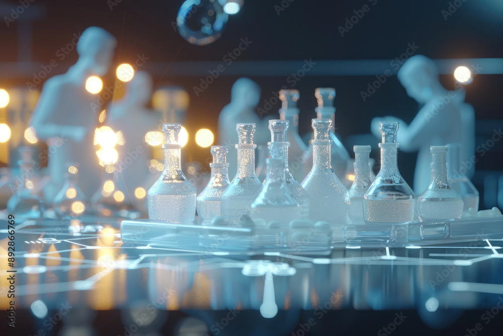 Several glass flasks sit on a high-tech table with blurred figures in the background Several glass flasks sit on a high-tech table with blurred figures in the background