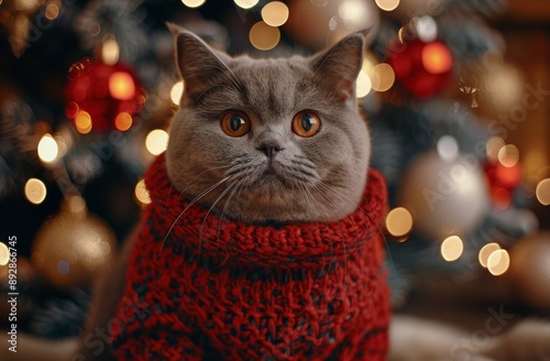 Grey Cat Wearing Christmas Sweater