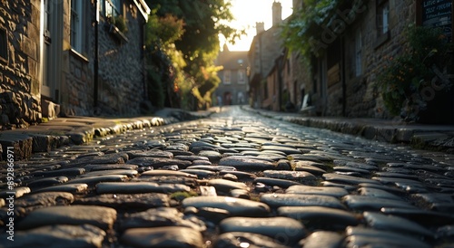 Cobblestone Street in European Town at Sunset