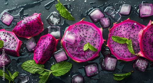 Dragon Fruit and Ice on Black Surface