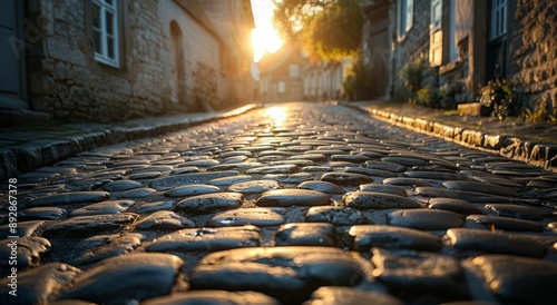 Cobblestone Street in European Town at Sunset