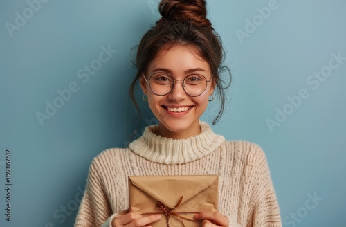 Woman Holding Gift In Front of Blue Background