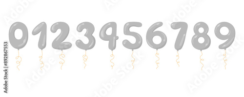 Balloons numbers vector set. Flat style helium balloons silver colored isolated on white background. Inflatable digits from 0 to 9 on string for Birthday, sale, anniversary designs