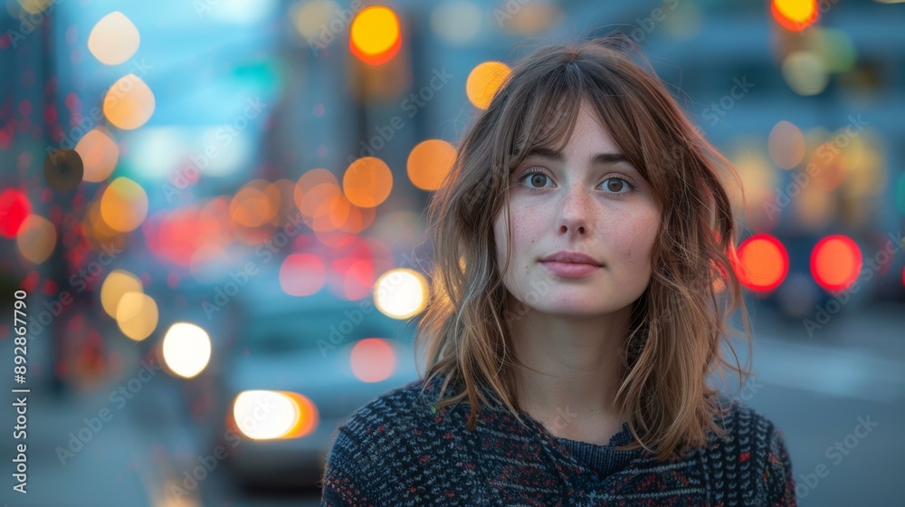 A young woman looks into the camera with a city backdrop. AI. A young woman looks into the camera with a city backdrop. AI.
