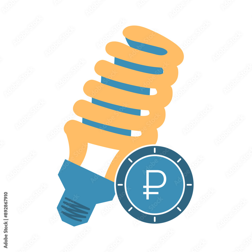 Fluorescent lamp and ruble. Light bulb, Russian coin, cash. Lightbulb spiral. Payment for electricity, rising prices. Energy saving lighting. Flat style. Color image. Isolated. Vector illustration Fluorescent lamp and ruble. Light bulb, Russian coin, cash. Lightbulb spiral. Payment for electricity, rising prices. Energy saving lighting. Flat style. Color image. Isolated. Vector illustration