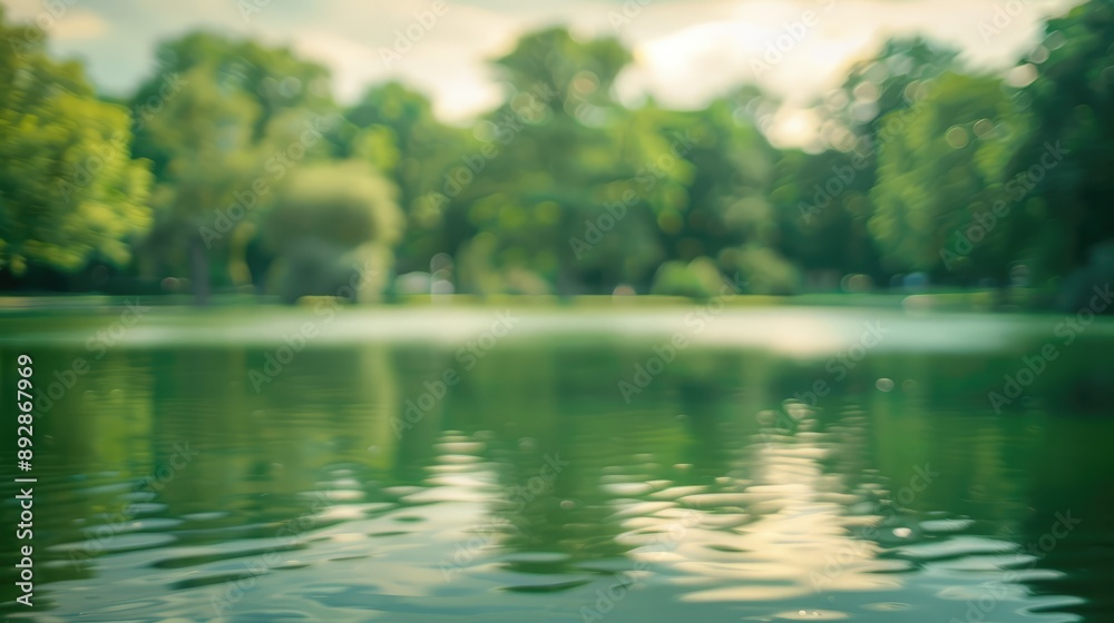 Obraz premium Summer park lake blur, green nature backdrop