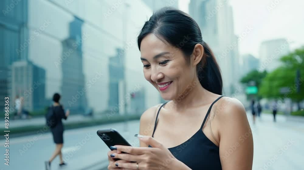 Mature woman walking street texting on phone Mature woman walking street texting on phone