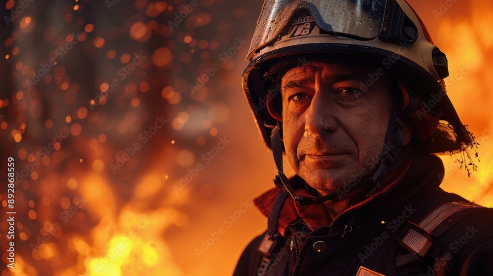 A firefighter stands in front of a fire, his face showing determination. AI. A firefighter stands in front of a fire, his face showing determination. AI.