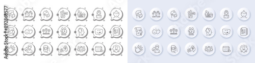 Video conference, Yummy smile and Cv documents line icons. White pin 3d buttons, chat bubbles icons. Pack of Accounting, 3d app, Hospital nurse icon. Manual doc, Fake internet, Share pictogram. Vector