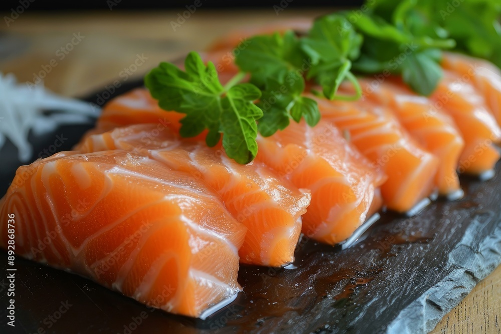Appetizing raw salmon sashimi garnished with parsley, ready to be served Appetizing raw salmon sashimi garnished with parsley, ready to be served
