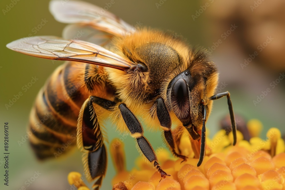 A close-up view of a honeybee on a flower, showcasing the detailed texture of its wings and body in a natural setting. A close-up view of a honeybee on a flower, showcasing the detailed texture of its wings and body in a natural setting.