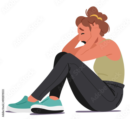 Stressed Woman Sitting On Floor With Her Hands Holding Her Head. Image Portrays Anxiety, Distress And Emotional Struggle