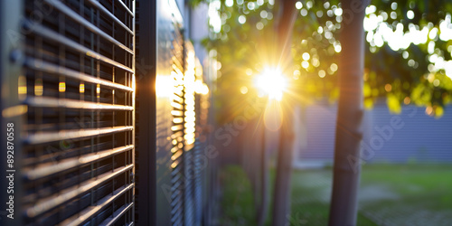 Outdoor unit of air source heat pump installed in modern residential house building. photo