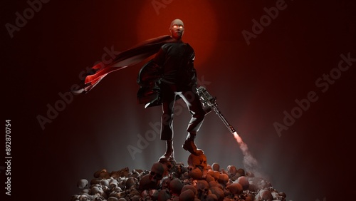 Fotografie An antihero with a machine gun and a red cape stands on top of a mountain of burnt human skulls