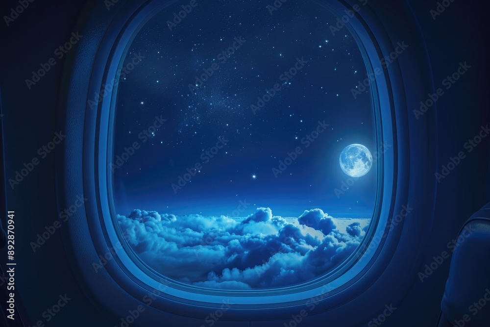 Fototapeta premium View from airplane window showing clouds and blue sky