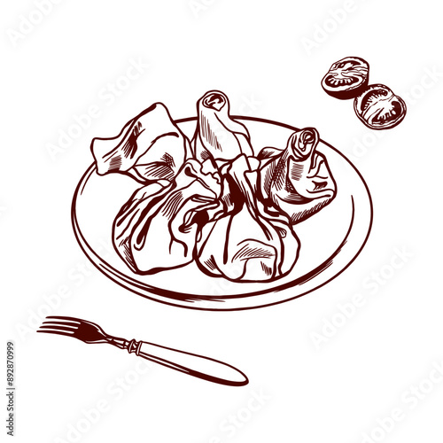 Khinkali. Dish of Georgian cuisine, fork, tomatoes. Hand drawn vector illustration in graphic style. For menu design, banners, recipes, posters, flyers.