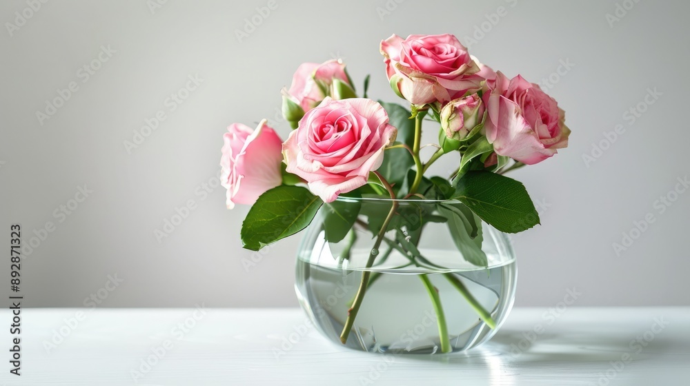 Floral arrangement with pink roses in a glass vase Floral arrangement with pink roses in a glass vase
