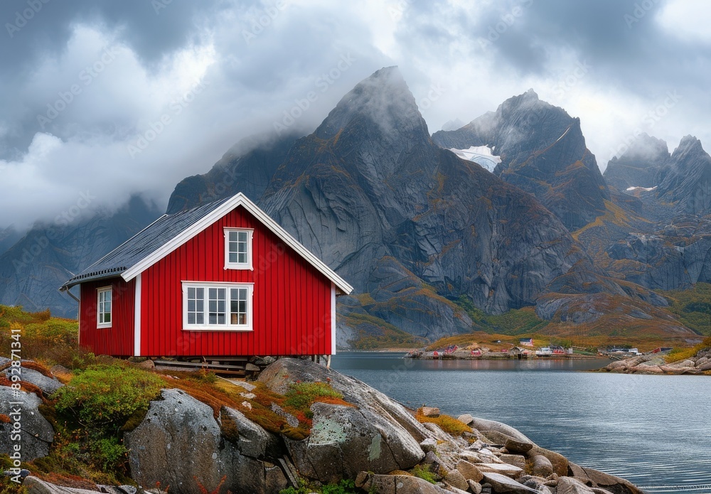 Red Cabin on Rocky Coast in Norway Red Cabin on Rocky Coast in Norway