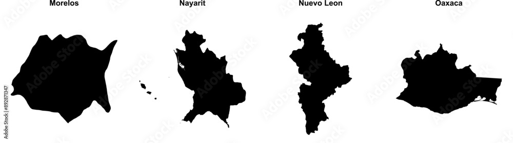 Morelos, Nayarit, Nuevo Leon, Oaxaca outline maps