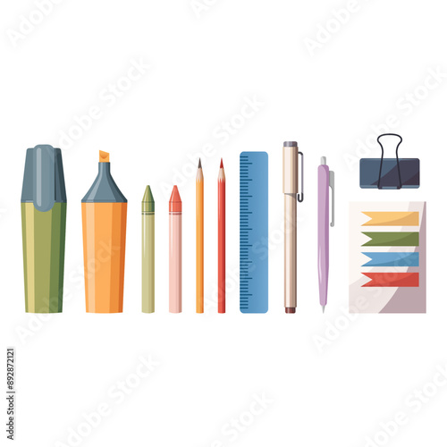 Set of hand drawn stationery items for school and business. Isolated vector illustration. Office supplies collection