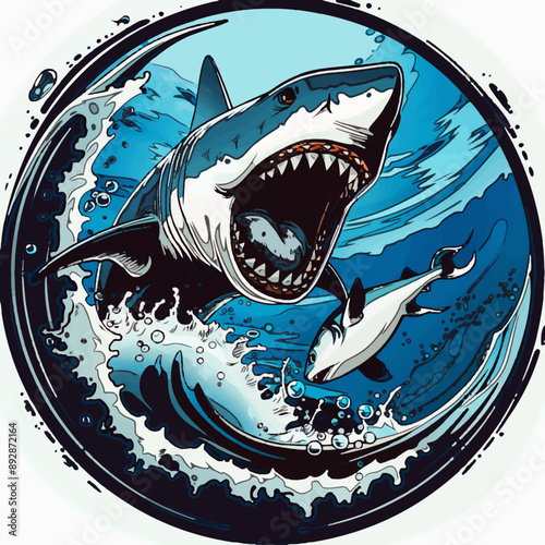 A vector logo featuring a shark with open jaws about to swallow a small fish, symbolizing power, menace, violence, and the strong prevailing over the weak.