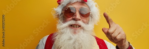 Senior Man Wearing Funny Hat Points Up, Yellow Background