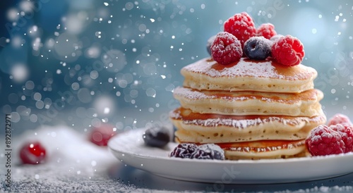 Stack of Pancakes With Powdered Sugar and Raspberries