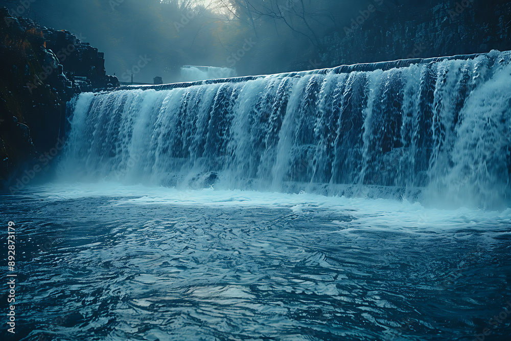 Fototapeta premium Hydropower plants utilizing flowing water to generate renewable electricity, reducing carbon emissions and supporting sustainable energy