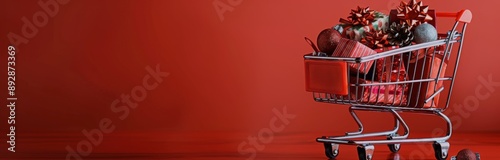 Shopping Cart Full of Gifts on Red Background