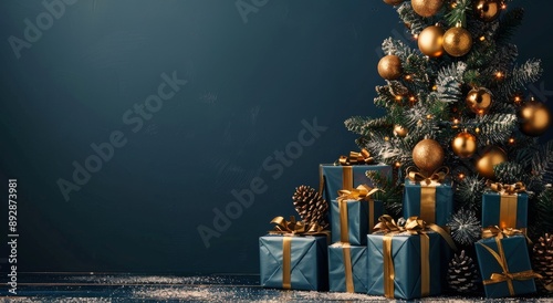 Blue Christmas Tree With Gold Ornaments