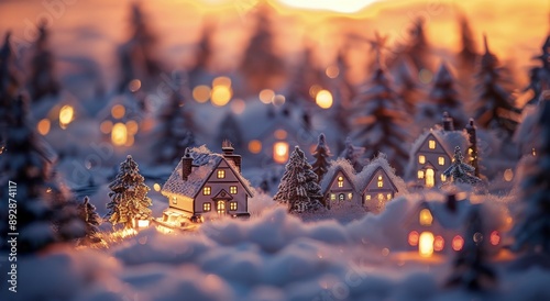 Snowy Mountain Village At Sunset