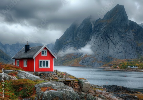 Red Cabin on Rocky Coast in Norway