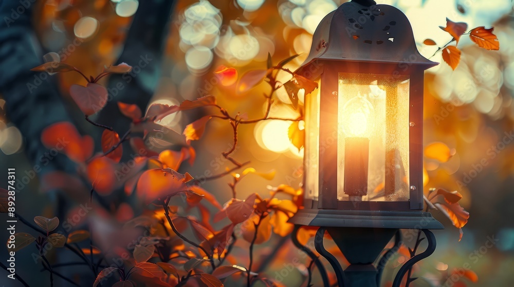Rustic lantern with fall foliage. Lantern close-up Rustic lantern with fall foliage. Lantern close-up