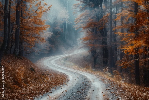 Winding Forest Path in Autumn Fog
