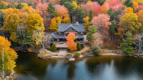 Secluded autumn lake house. Lake house aerial © Jane Kelly
