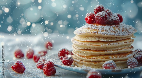 Stack of Pancakes With Powdered Sugar and Raspberries