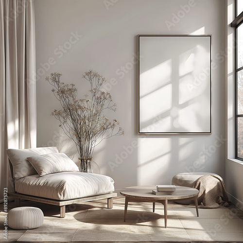 Aesthetic minimalist room interior design. Mockup picture frames. Mock up poster on the walls. Copy space. Clean scandi apartment for decoration. Neutral colors. Modern style.