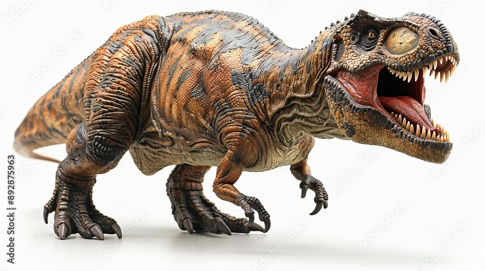 Fototapeta premium This vivid image displays a raptor dinosaur standing with its mouth open, showcasing detailed and lifelike artistry, making it ideal for use in educational materials or prehistoric-themed projects.