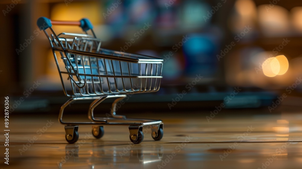 Mini Shopping Cart on Wooden Table Mini Shopping Cart on Wooden Table