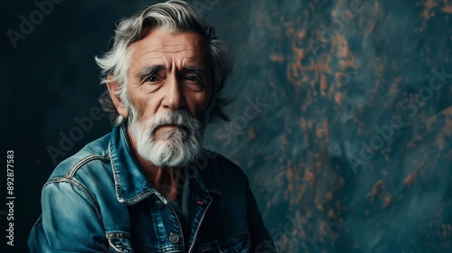 An older man with a beard and a denim jacket.