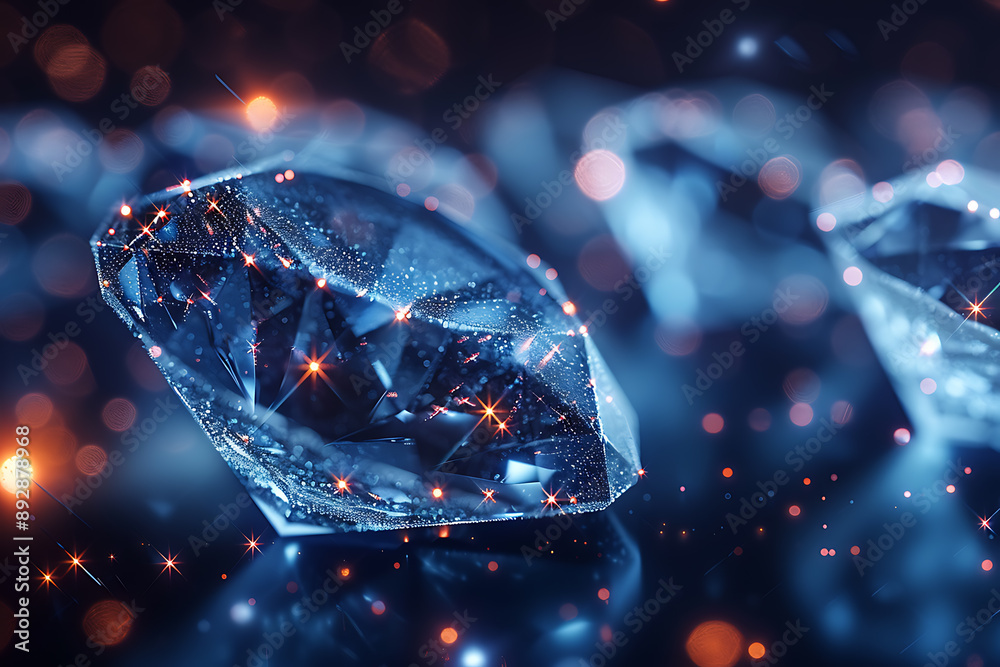 Shimmering diamonds displayed on a dark blue background, highlighting their brilliance and elegance Shimmering diamonds displayed on a dark blue background, highlighting their brilliance and elegance