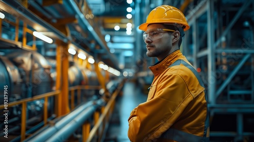 A man in a yellow hard hat standing in midst of a factory.