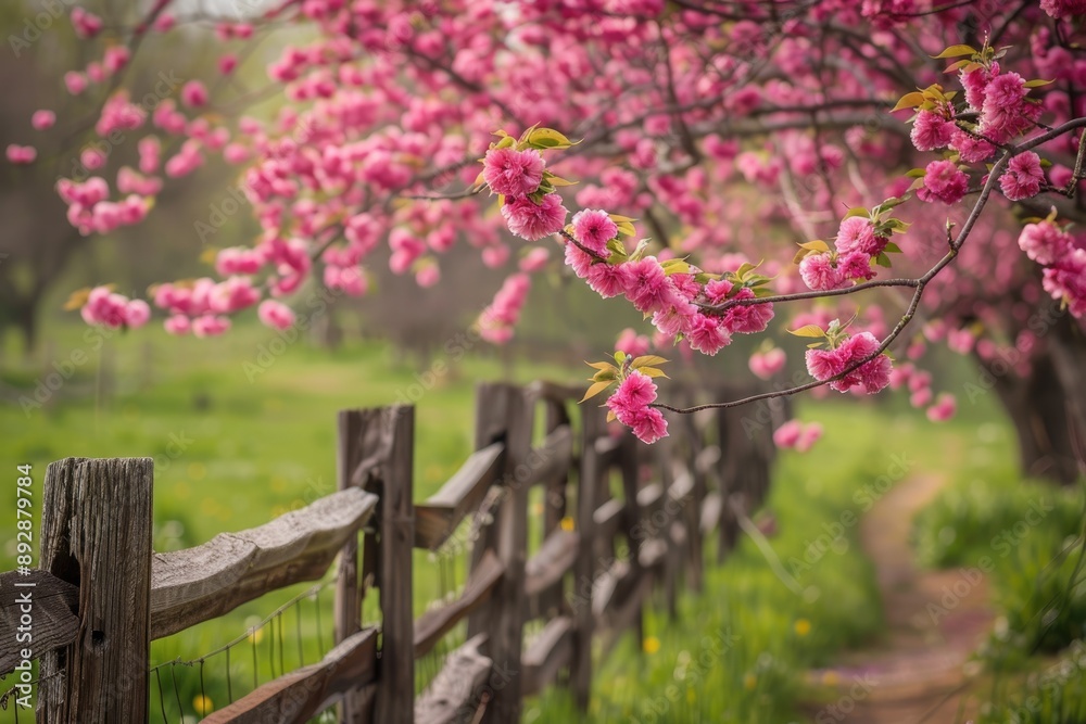 Landscape Shallow Depth. Spring Garden View with Pink Blooming Trees and Wooden Fence Landscape Shallow Depth. Spring Garden View with Pink Blooming Trees and Wooden Fence