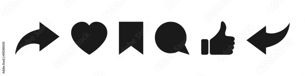 Obraz premium Social network icons. Thumb up, like, heart, comment, share, save symbol. Vector