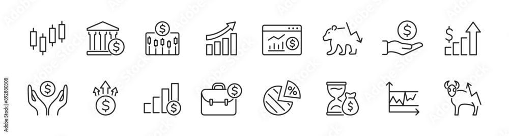 Stock market line icons set. Stock exchange, finance, bull and bear market, margin, investment. Vector Stock market line icons set. Stock exchange, finance, bull and bear market, margin, investment. Vector