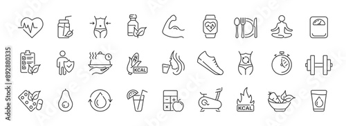 Healthy lifestyle icon set. Fittness, diet, training, yoga, body care, running, hobbies. Vector illustration