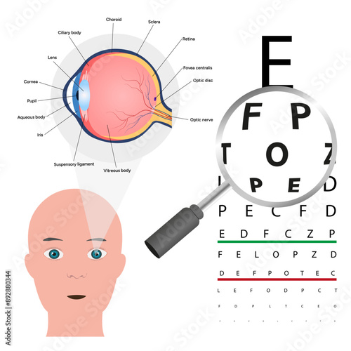 Magnifying glass with zoom effect and eye test health and eye human anatomy