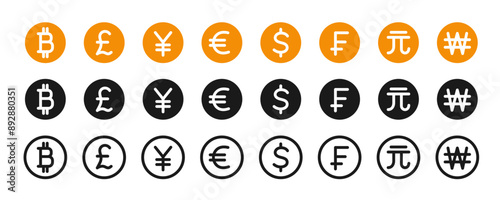 Currency icon set. Popular international currency symbol. Dollar, Euro, Franc, Pound, Yen, Bitcoin. Vector